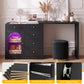 May in Color Black Extendable Vanity with LED Lights, Rotatable L?Shaped Makeup Vanity Desk, 5 Drawers & Arched Glass Cabinet, Multi?Purpose Desk for Working, Studying, Drawing, Sewing, Nail Care