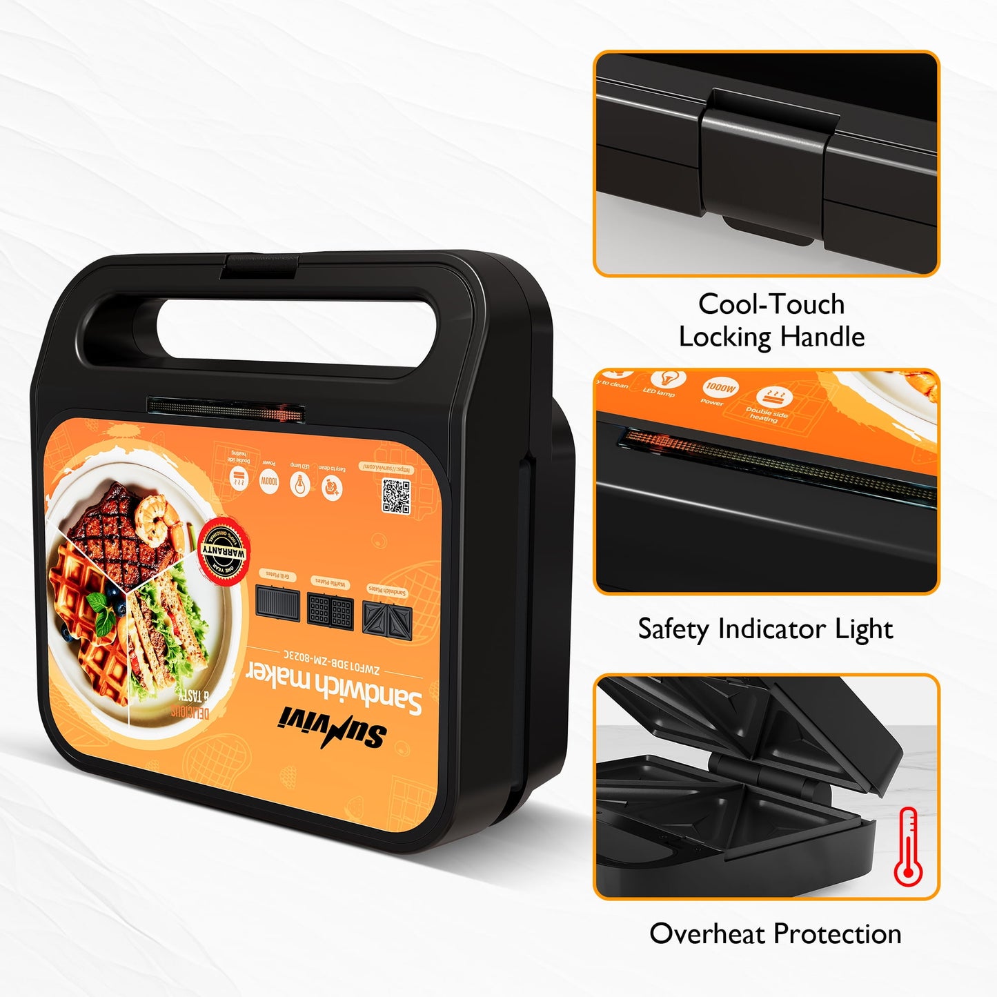 Heynemo Versatile 3-in-1 Waffle Maker & Panini Press, 1000W Electric Sandwich Maker with Removable Non-Stick Plates, Tempered Glass Lid, Cool Touch Handle & Easy Cleanup-2