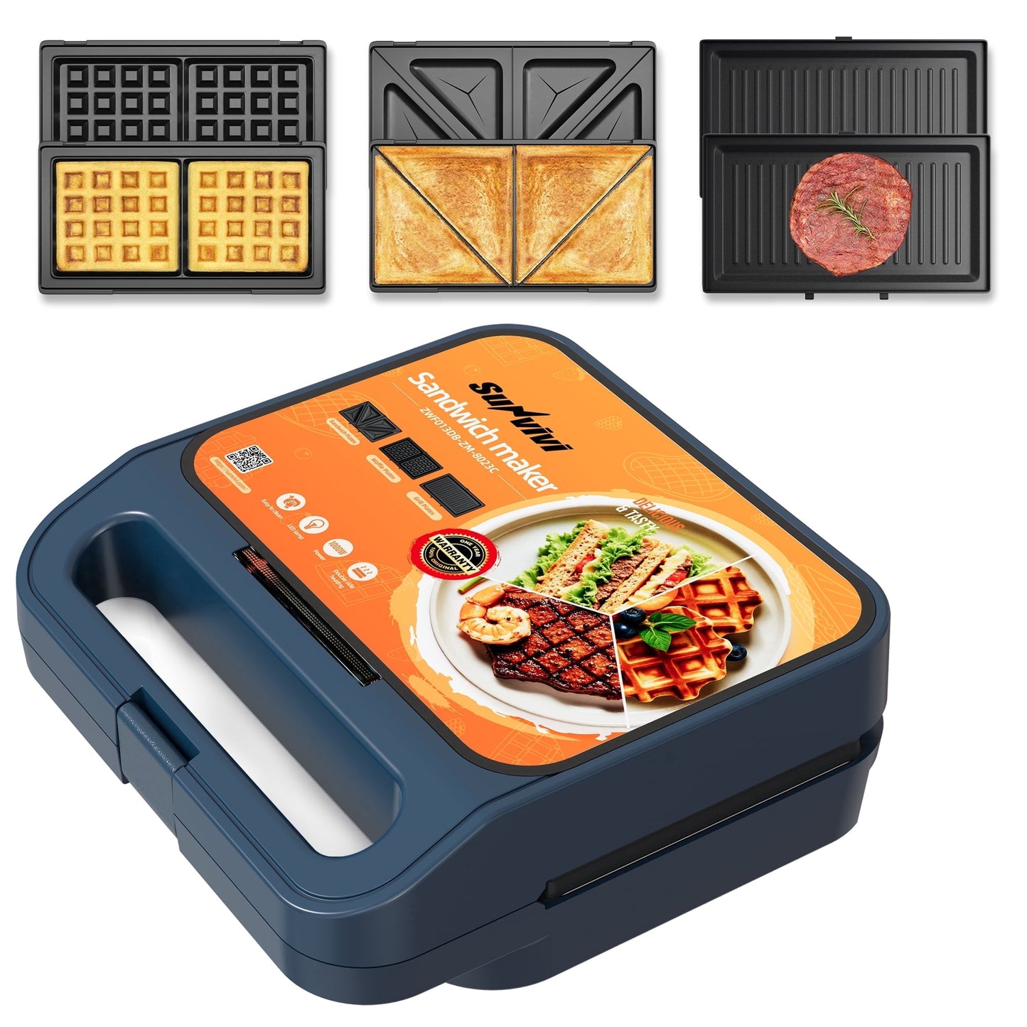 Heynemo 3-in-1 Electric Sandwich Maker Waffle Grill Panini Press 1000W Non-Stick Removable Plates Blue