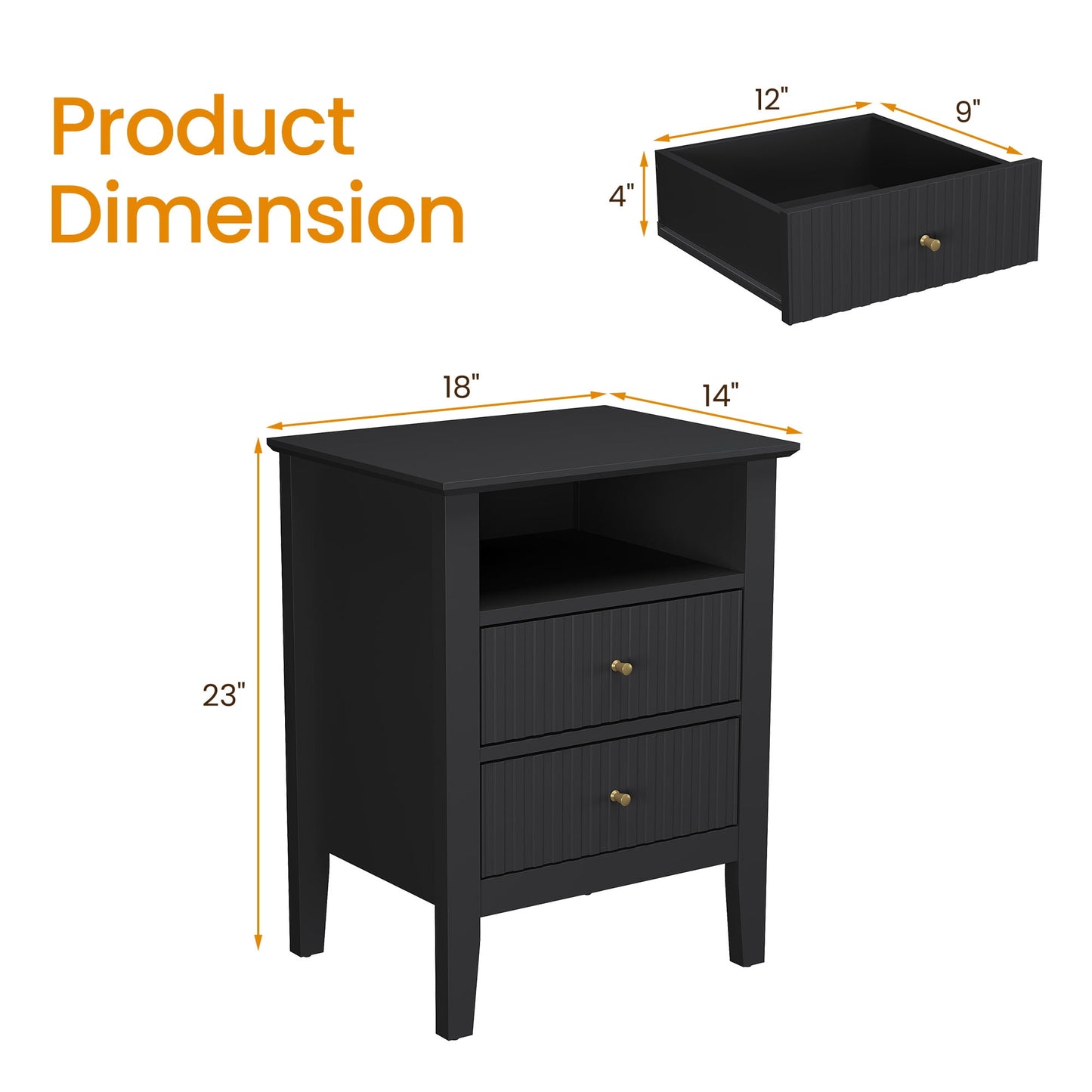 Heynemo Black Fluted Nightstand with 2 Drawers, Modern Wooden Sofa Table for Small Spaces, Tall End Table for Bedroom, Living Room