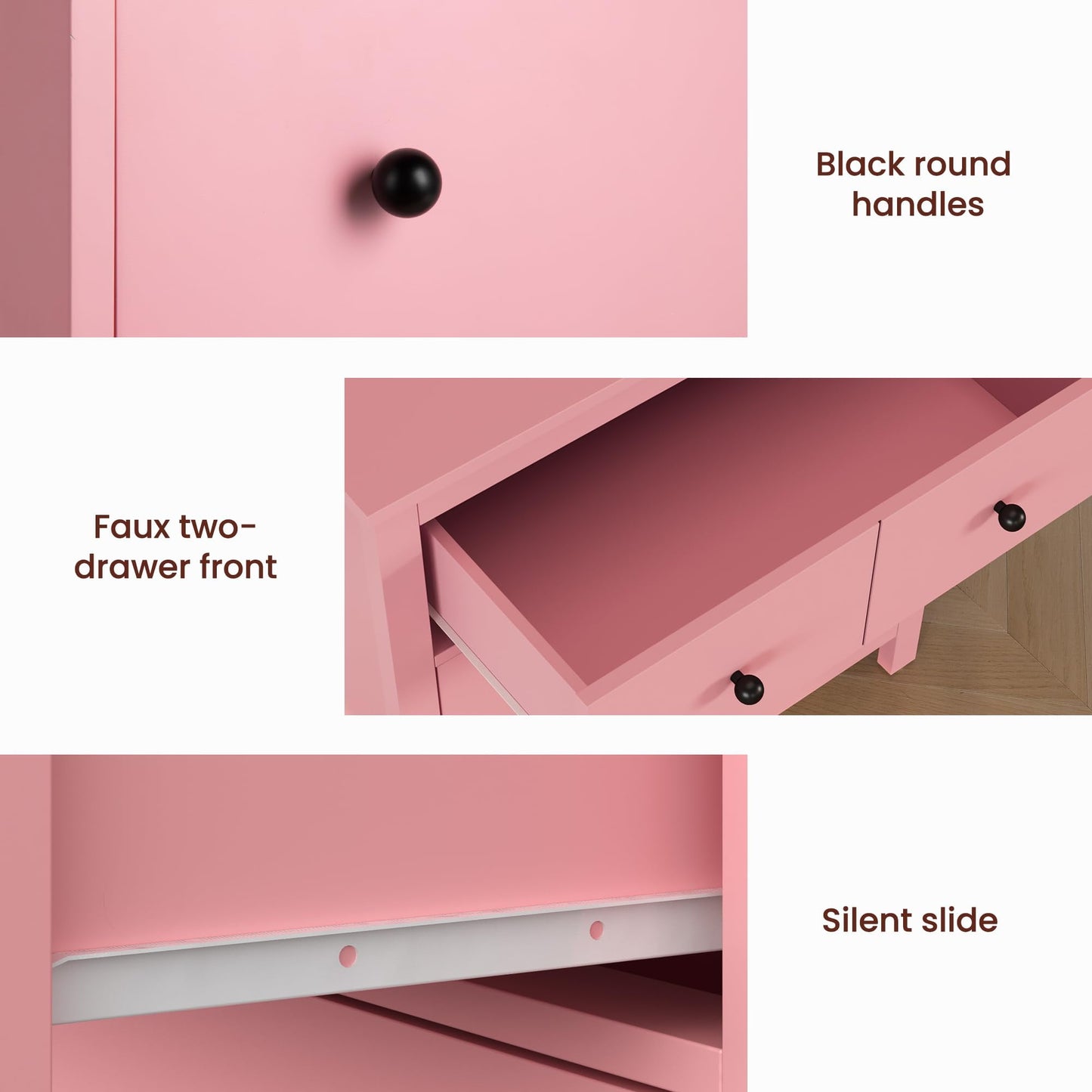 May in Color Pink 3 Drawer Nightstand for Bedroom, Large Wood End Table with Storage, Home Office
