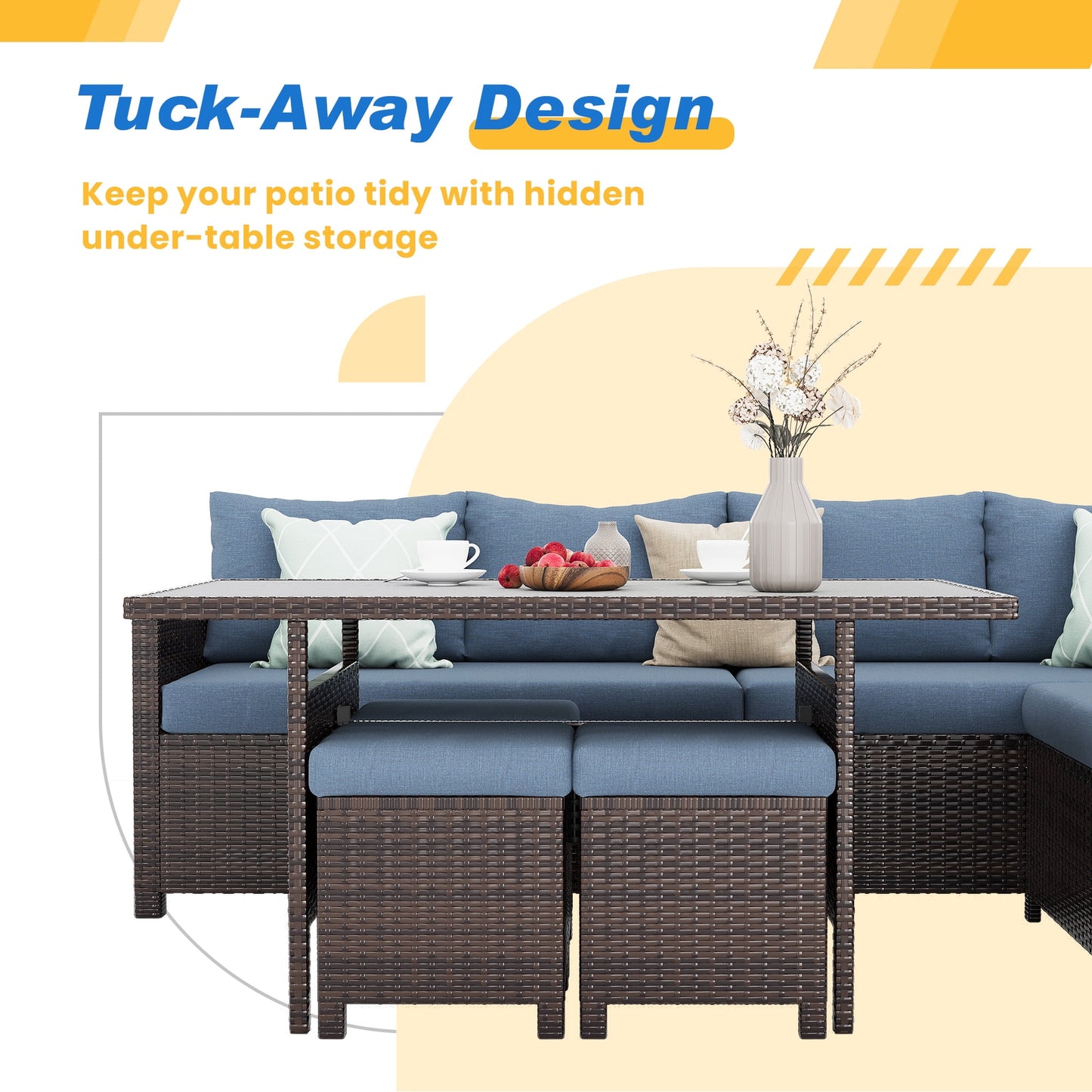 Heynemo Outdoor Patio Furniture Set, 7 Piece Outdoor Dining Sectional Sofa with Dining Table and Chair, All Weather Wicker Conversation Set with Ottoman, Blue