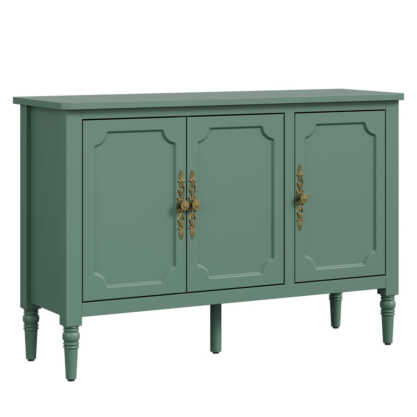Heynemo 3-Door Storage Cabinet with Adjustable Shelves, Accent Sideboard Cabinet with Turned Legs, Wood Pantry Cabinet, Mid-Century Buffet Cabinet for Entryway, Living Room, Dining Room, Green