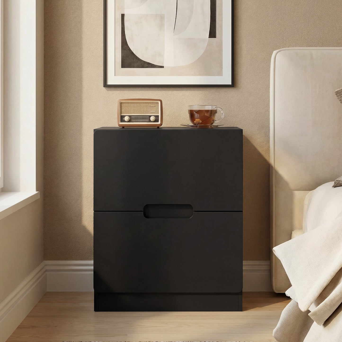 Heynemo Handless Nightstand with 2 Drawers, Modern End Table for Bedroom, Living Room, Hallway, Black