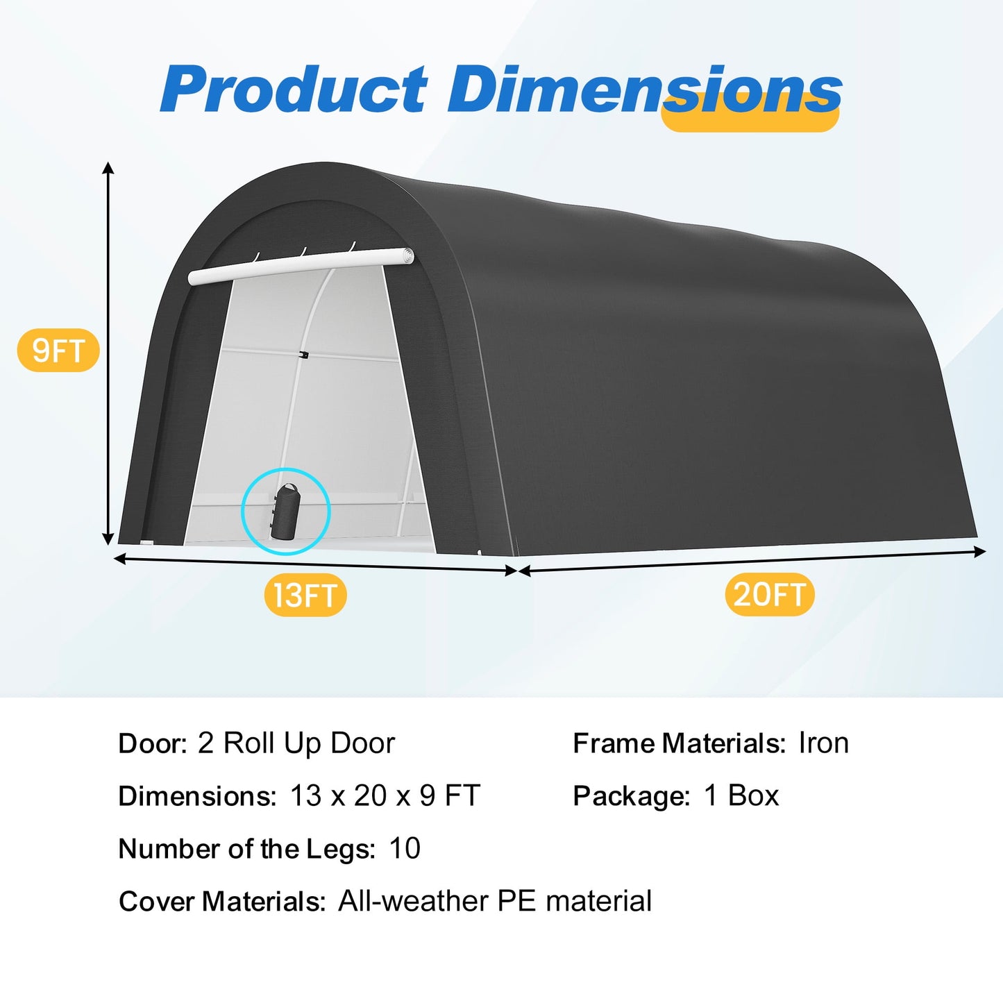 Heynemo 13' x 20' Outdoor Metal Carport with 4 Bags, Portable Garage with 2 Roll-up Doors, Storage Shelter Shed for Cars, Truck, or Garden Tools