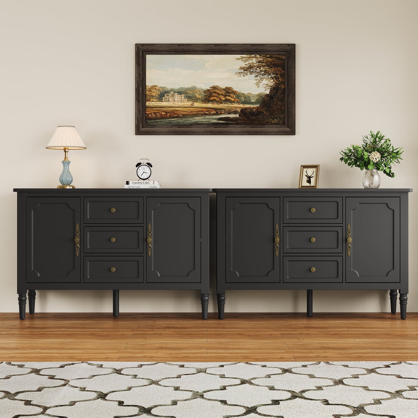 Heynemo Storage Cabinet with 2 Doors & 3 Drawers, Sideboard Cabinet with Adjustable Shelves, Ideal for Entryway, Living Room, Dining Room, Black