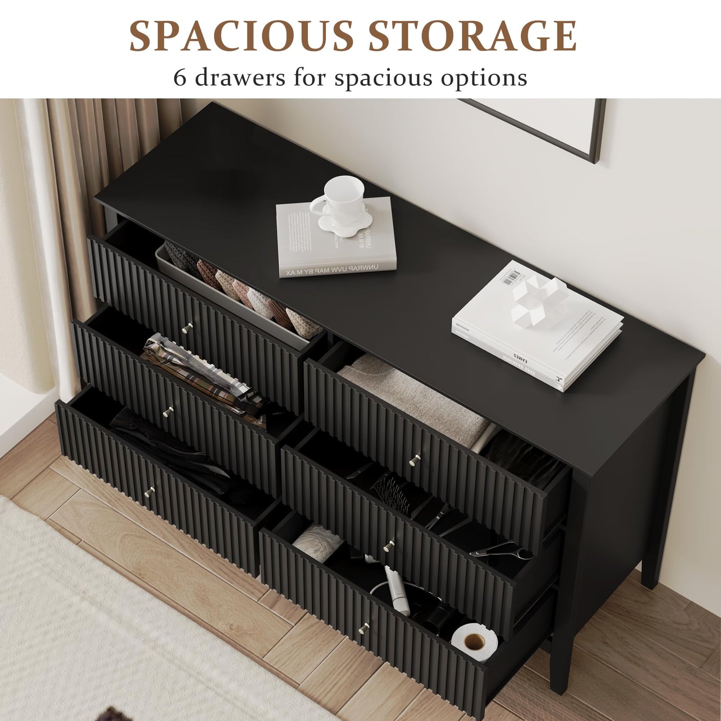 Black 6-Drawer Modern Wood Dresser, Fluted Chest with Ball Bearing Slide, Bedroom or Living Room Storage