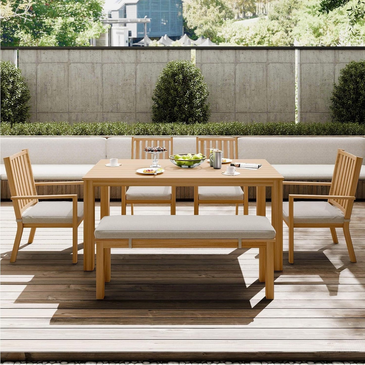 RoyalCraft 6 Pieces Patio Dining Sets, Aluminum Outdoor Dining Table with 4 Chairs and Bench, Outdoor Patio Dining Furniture Set with Removable Cushion for Lawn, Garden, Backyard, Brown