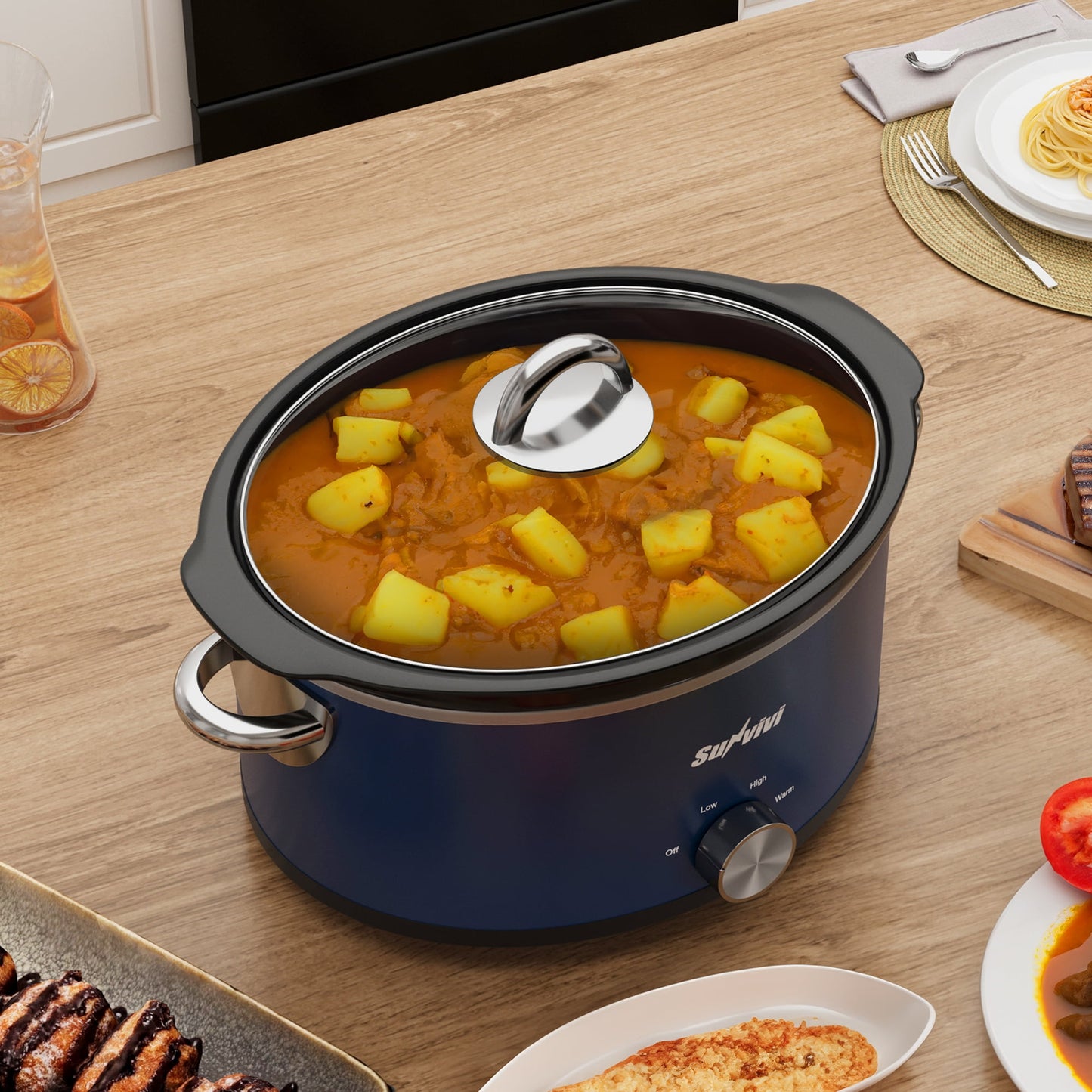 3QT Compact Slow Cooker & Food Warmer with 3 Temperature Settings, Removable Ceramic Pot, Dishwasher-Safe Glass Lid, Stainless Steel - Available in Black, Silver, and Blue
