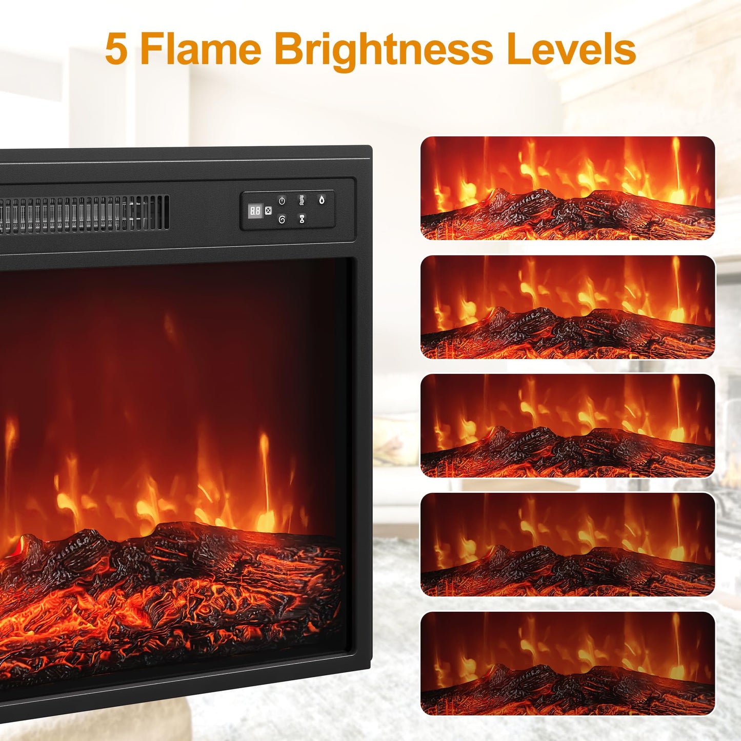 Heynemo 18" Electric Fireplace Insert, Recessed Fireplace Heater with Remote Control, Small Heater with Low Noise, Adjustable Temperature, 8H Timer, Adjustable Flame Brightness, 110V/1500W, Black