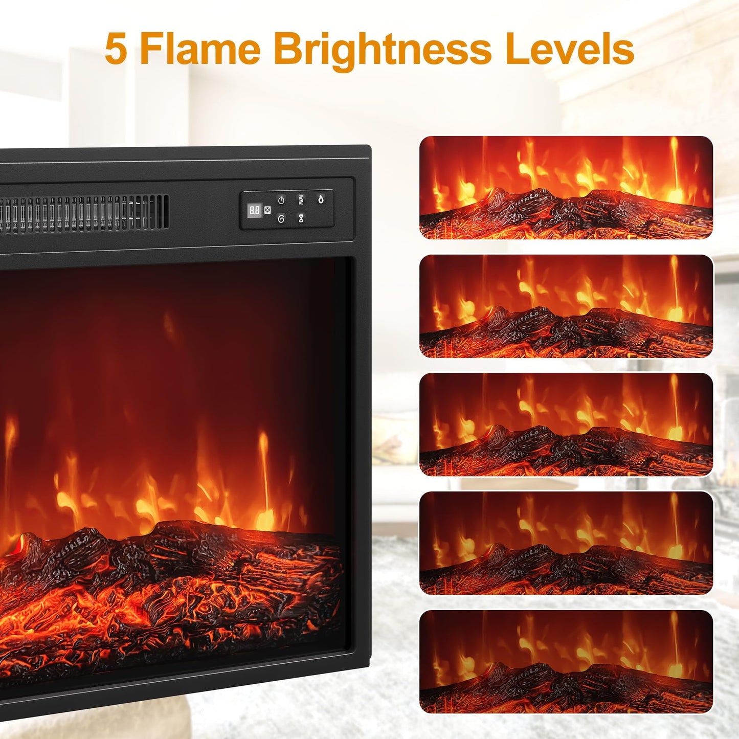 Mayincolor 18" Electric Fireplace Insert, Recessed Fireplace Heater with Remote Control, Small Heater with Low Noise, Adjustable Temperature, 8H Timer, Adjustable Flame Brightness, 110V/1500W, Black