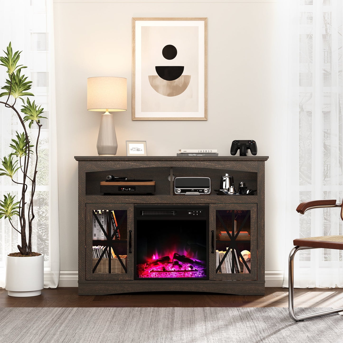 May in Color 47'' Farmhouse TV Stand with 18'' Fireplace Insert, TV Console with Adjustable Shelves, Glass Doors & LED Lights