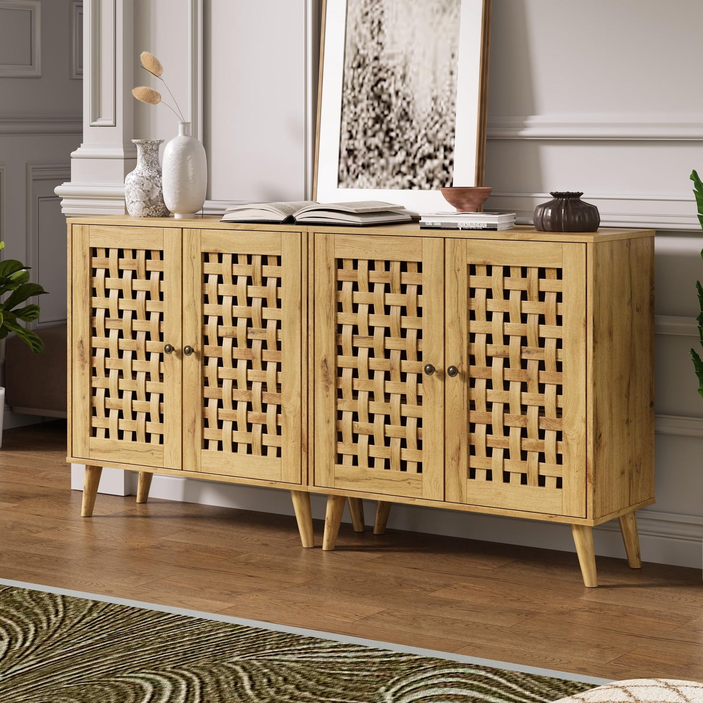 Heynemo Accent Cabinet with Doors, Entryway Cabinet with Oak Legs, Wooden Decorative Sideboard Cabinet with Adjustable Shelf & Doors for Living Room, Entryway, Dining room, Natural