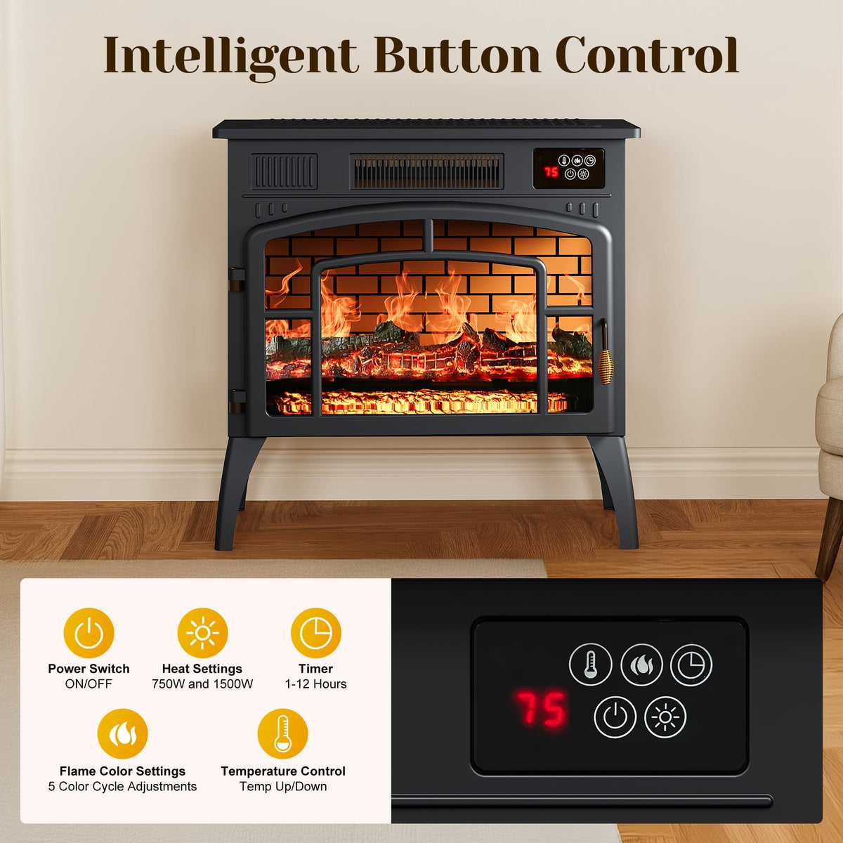 Heynemo A Practical Portable Fireplace ¨C 1500W Freestanding Infrared Electric Fireplaces Heater with 3D Flame Effect & Remote Control