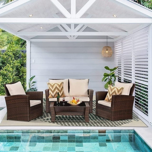 4 Piece Outdoor Patio Furniture Set, Wisteria Lane Garden Rattan Wicker Sofa Cushioned with Coffee Table, Brown