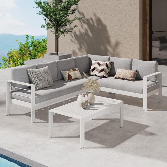 Heynemo 4 Pieces Outdoor Aluminum Furniture Set, Patio Sectional Sofa Couch - Conversation Set with Coffee Table and Sofa, White