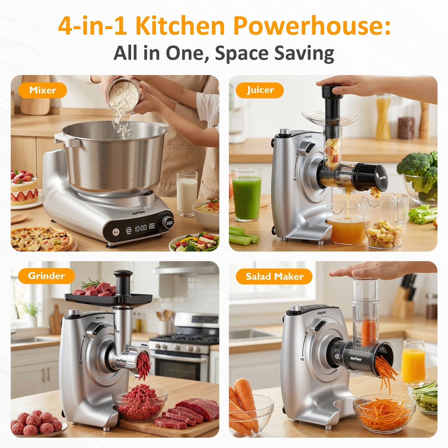 Heynemo 4-in-1 Stand Mixer 5.3QT with Fermentation, Electric Dough Mixer with Juicer, Meat Grinder & Salad Maker