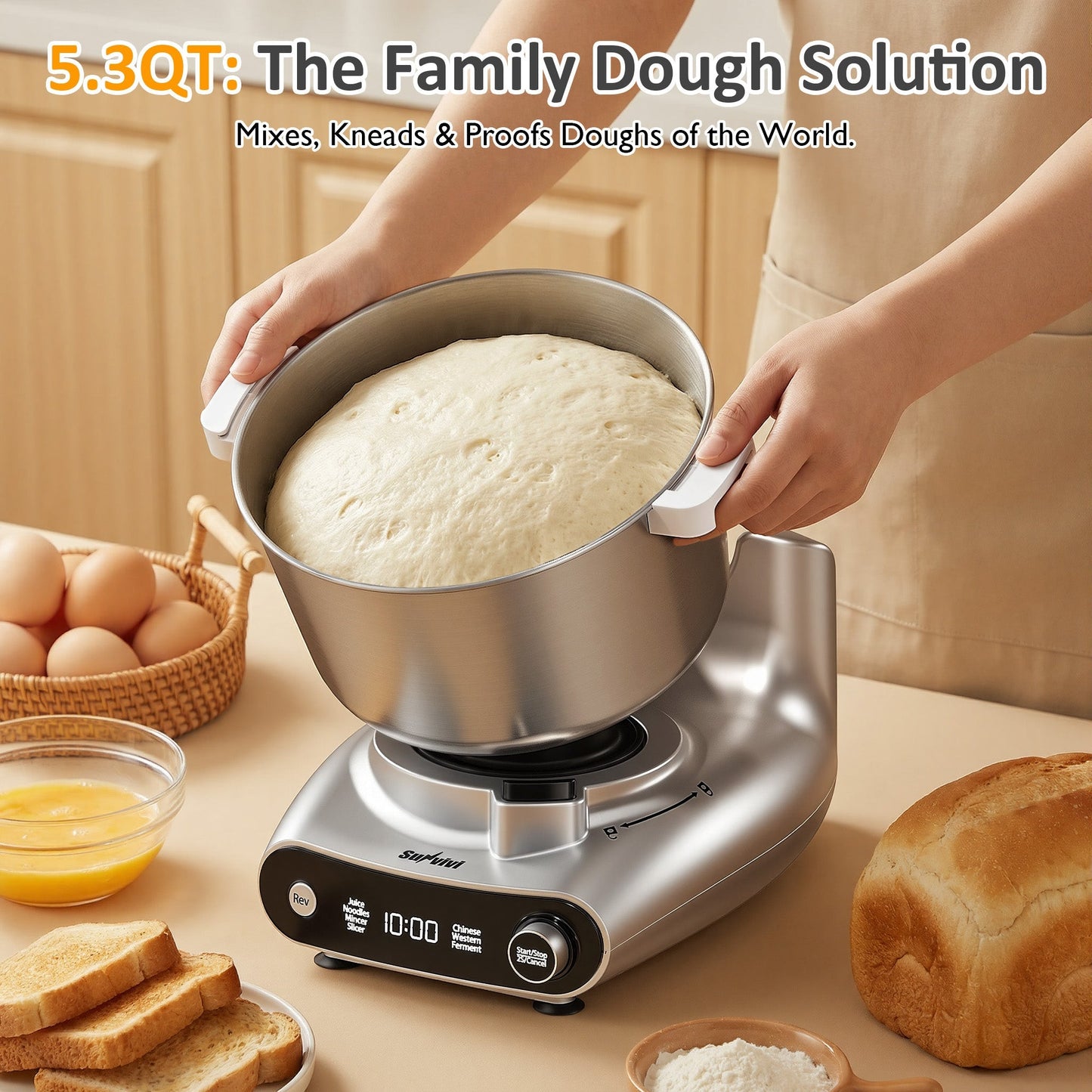 Heynemo 4-in-1 Stand Mixer 5.3QT with Fermentation, Electric Dough Mixer with Juicer, Meat Grinder & Salad Maker
