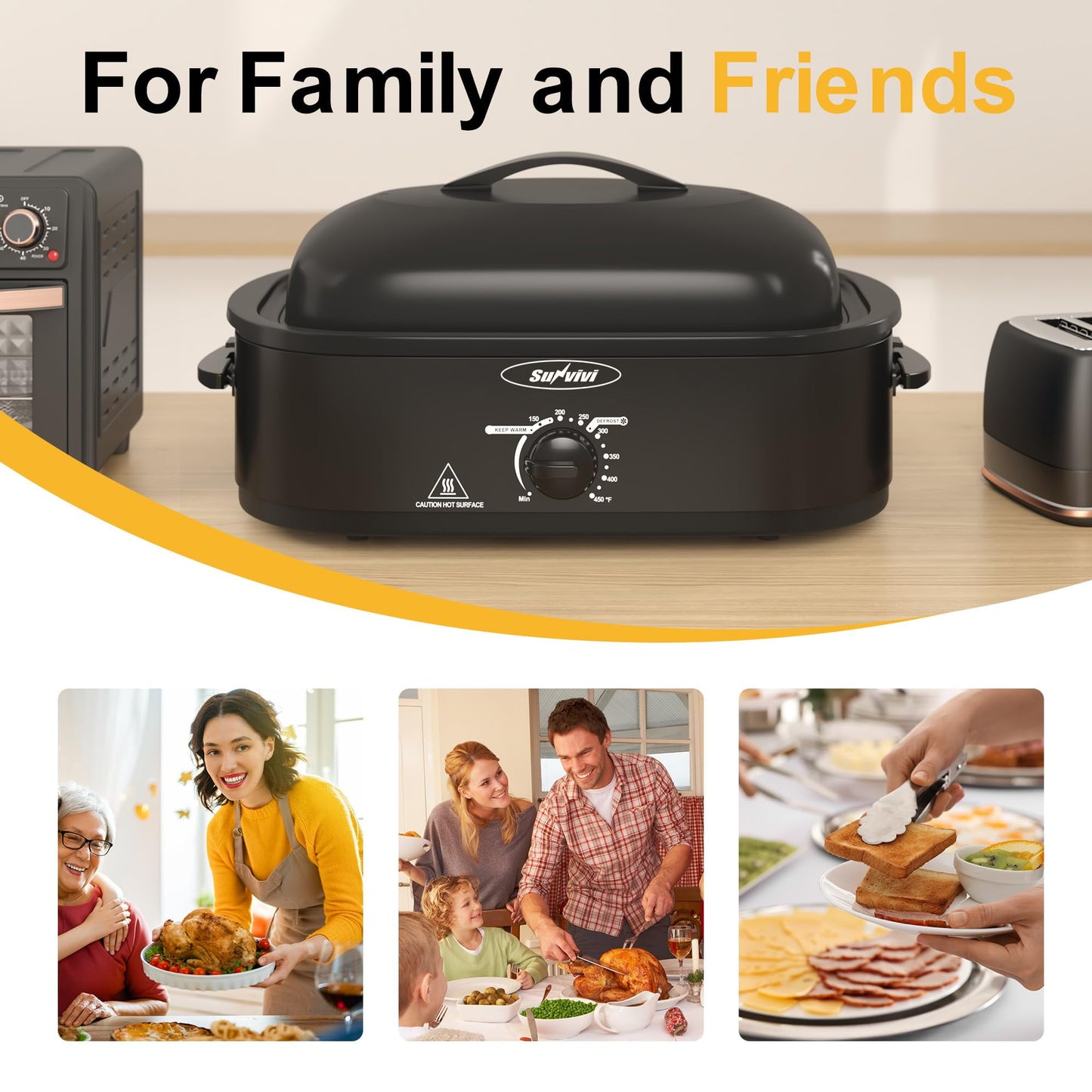 Sunvivi 14-Quart Electric Roaster Oven with Self-Basting Lid, Turkey Roaster Oven with Removable Pan and Rack, Stainless Steel, Black