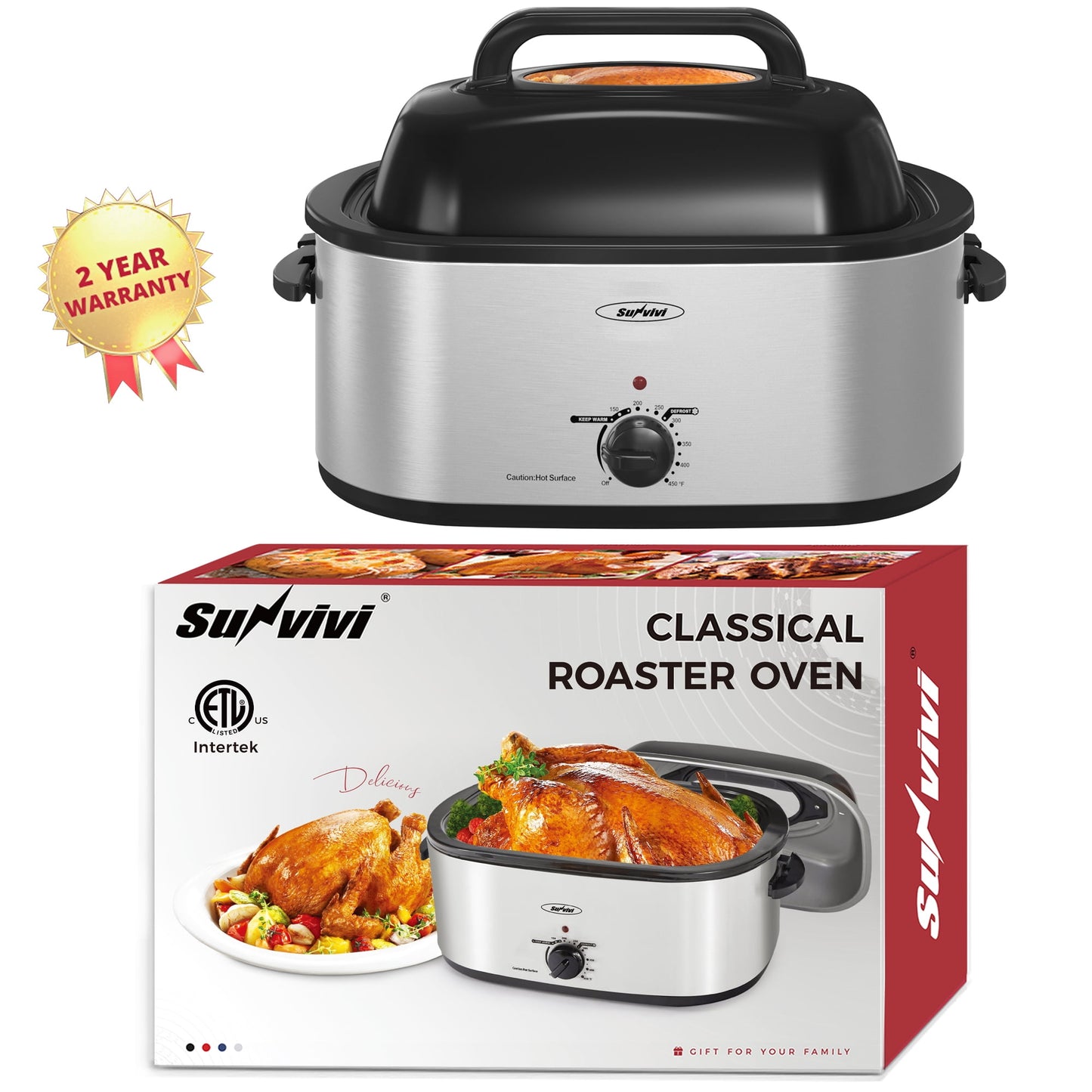 Sunvivi 24 Quart Electric Turkey Roaster Oven with Visible Glass Lid,Removable Pan & Rack, Stainless Steel, Silver