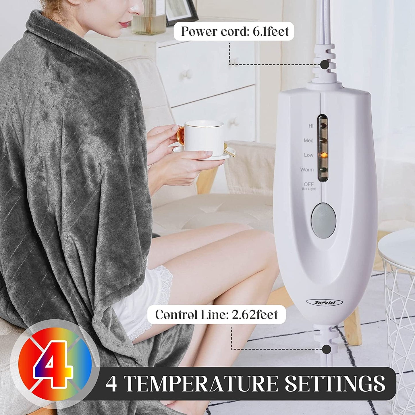SUNVIVI 60" x 50" Heated Throw Blanket, Auto Shut-Off with 4 Heat Settings, Double-Layer Flannel, Gray