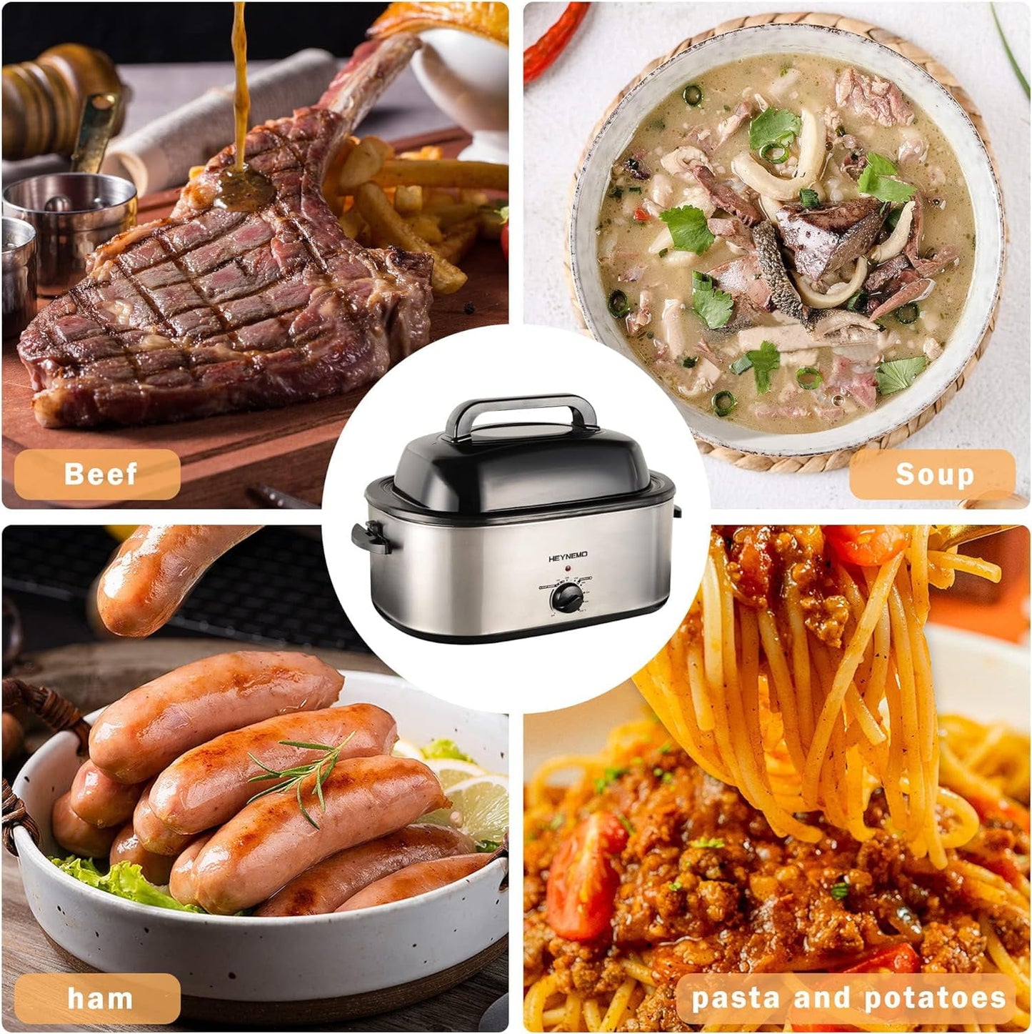 Superjoe 22 Quart Roaster Oven with Self-Basting Lid, Turkey Roaster Oven with Removable Insert Pot, Stainless Steel Silver