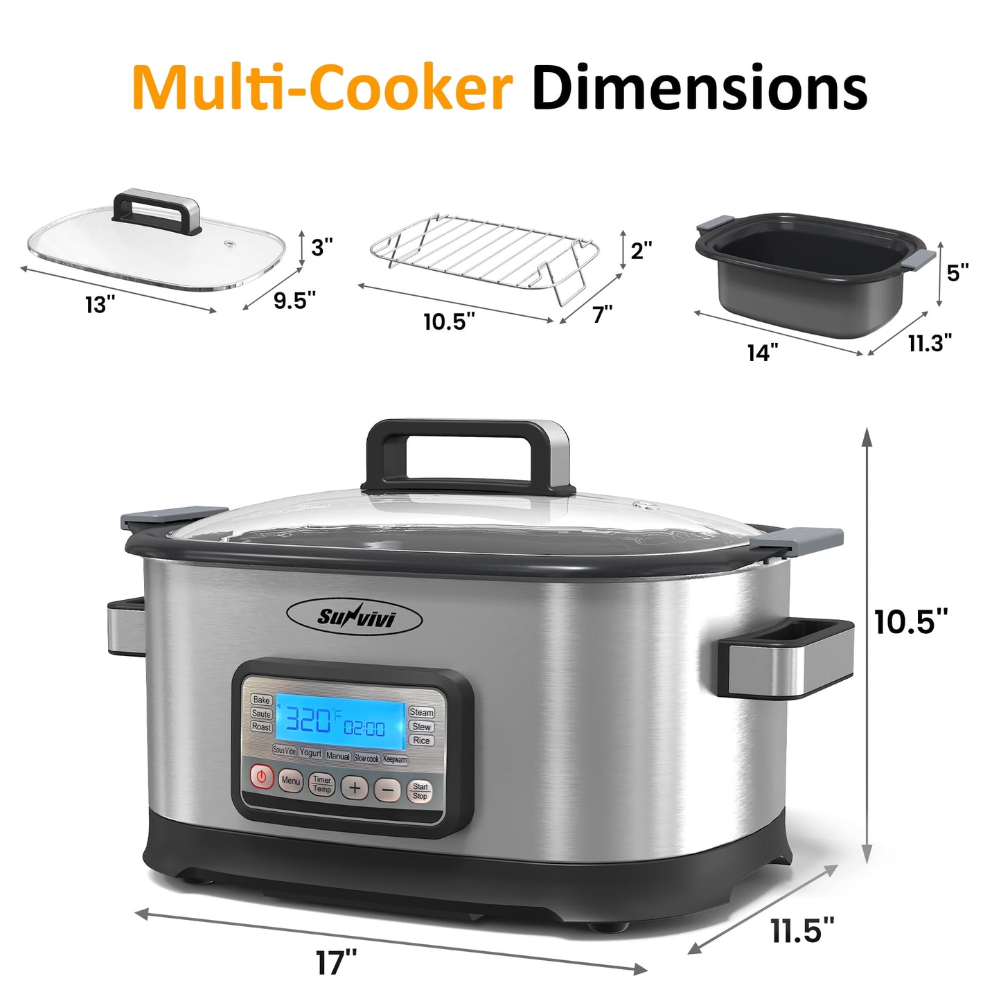 Sunvivi 6.5 Quart Slow Cooker,11 in 1 programmable Multi-Cooker Food Warmer with Digital Timer, Temp Control