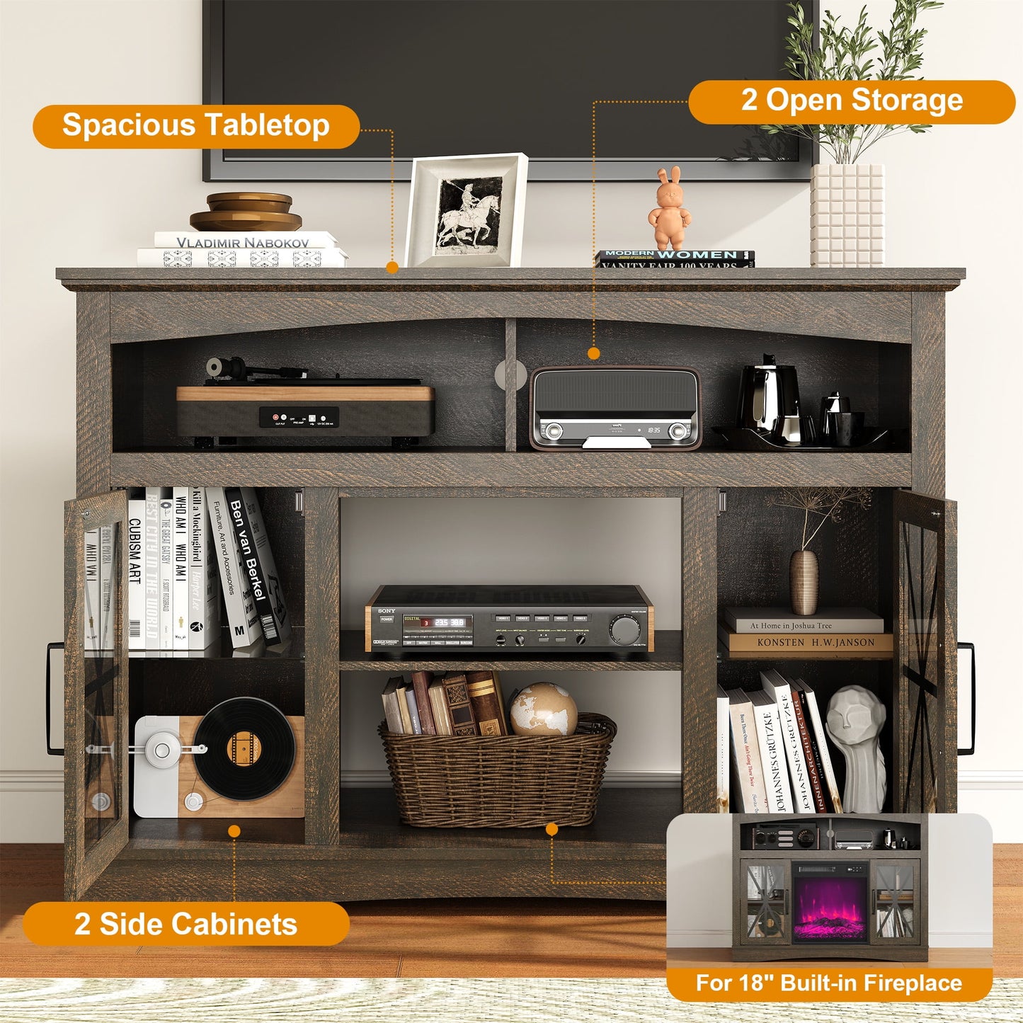 May in Color 47'' Farmhouse TV Stand with Adjustable Shelves, Glass Doors & LED Lights