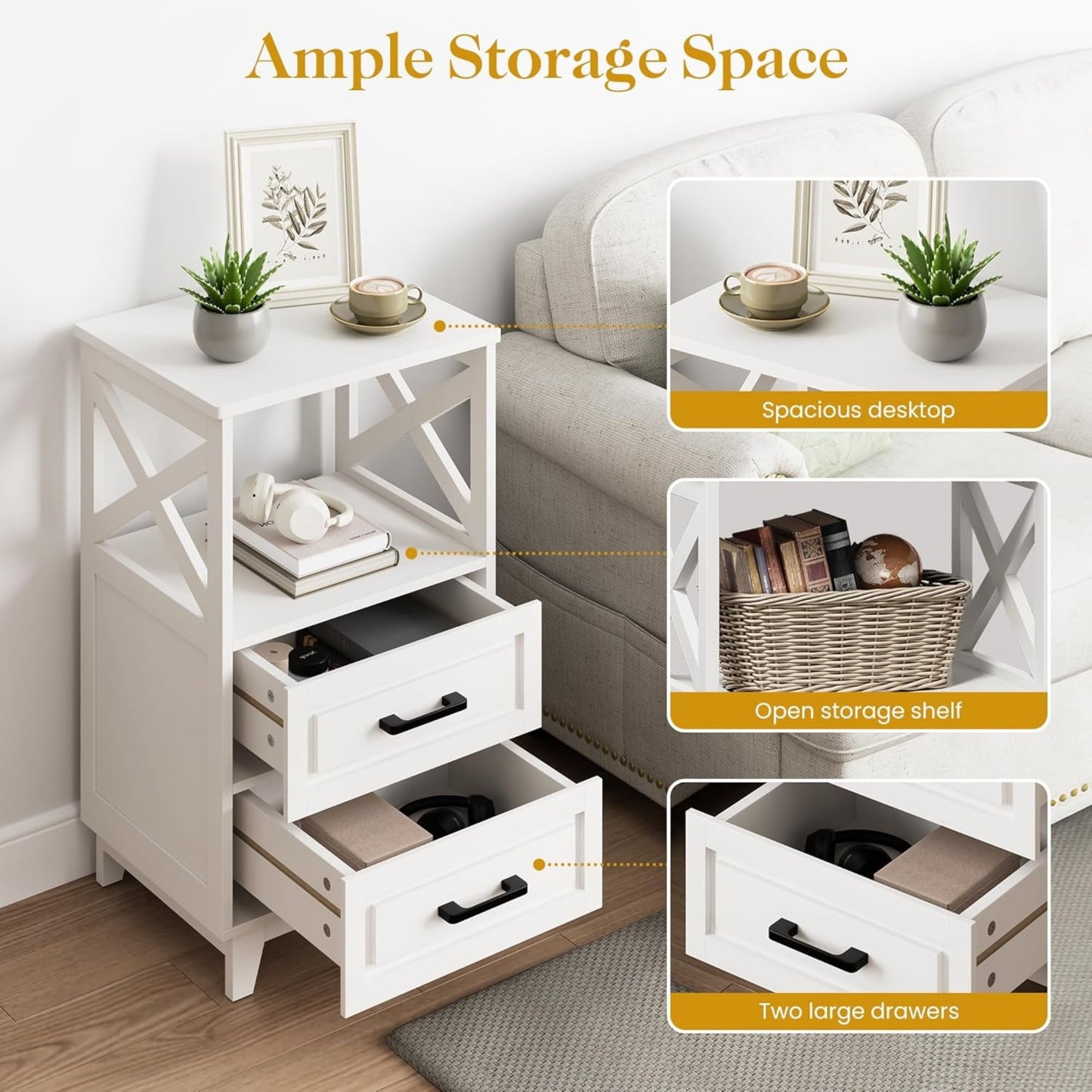 Superjoe Tall Nightstand Set of 2, Side Table with 2 Drawers and Open Shelf Top, Bedside Table with Solid Feet, Modern Night Stand End Table for Bedroom, Living Room, Home Office, White