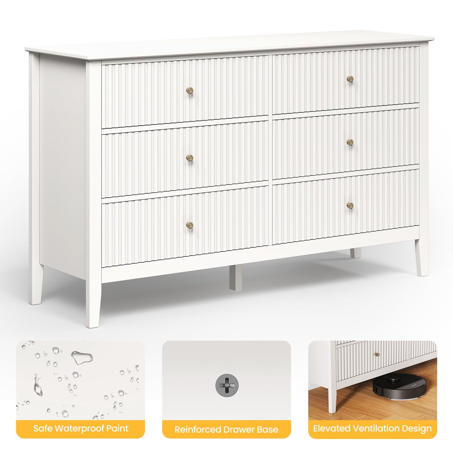 May in Color Fluted 6 Drawer Dresser, Wide Modern Chest of Drawers, Large Wood Storage Cabinet Organizer for Bedroom, Living Room, Hallway, Entryway, White