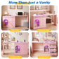 May in Color Pink Extendable Vanity with LED Lights, Rotatable L?Shaped Makeup Vanity Desk, 5 Drawers & Arched Glass Cabinet, Multi?Purpose Desk for Working, Studying, Drawing, Sewing, Nail Care