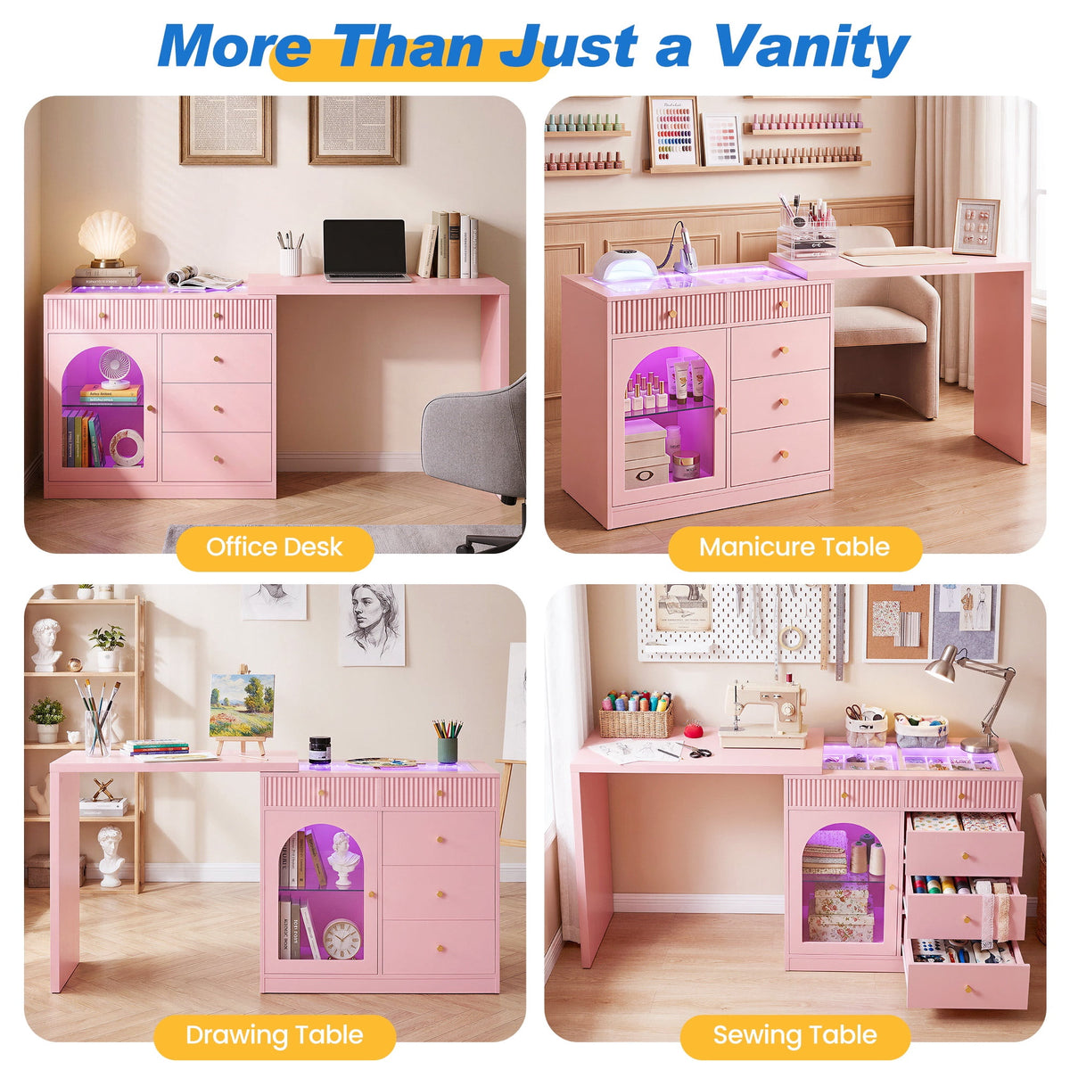 May in Color Pink Extendable Vanity with LED Lights, Rotatable L?Shaped Makeup Vanity Desk, 5 Drawers & Arched Glass Cabinet, Multi?Purpose Desk for Working, Studying, Drawing, Sewing, Nail Care