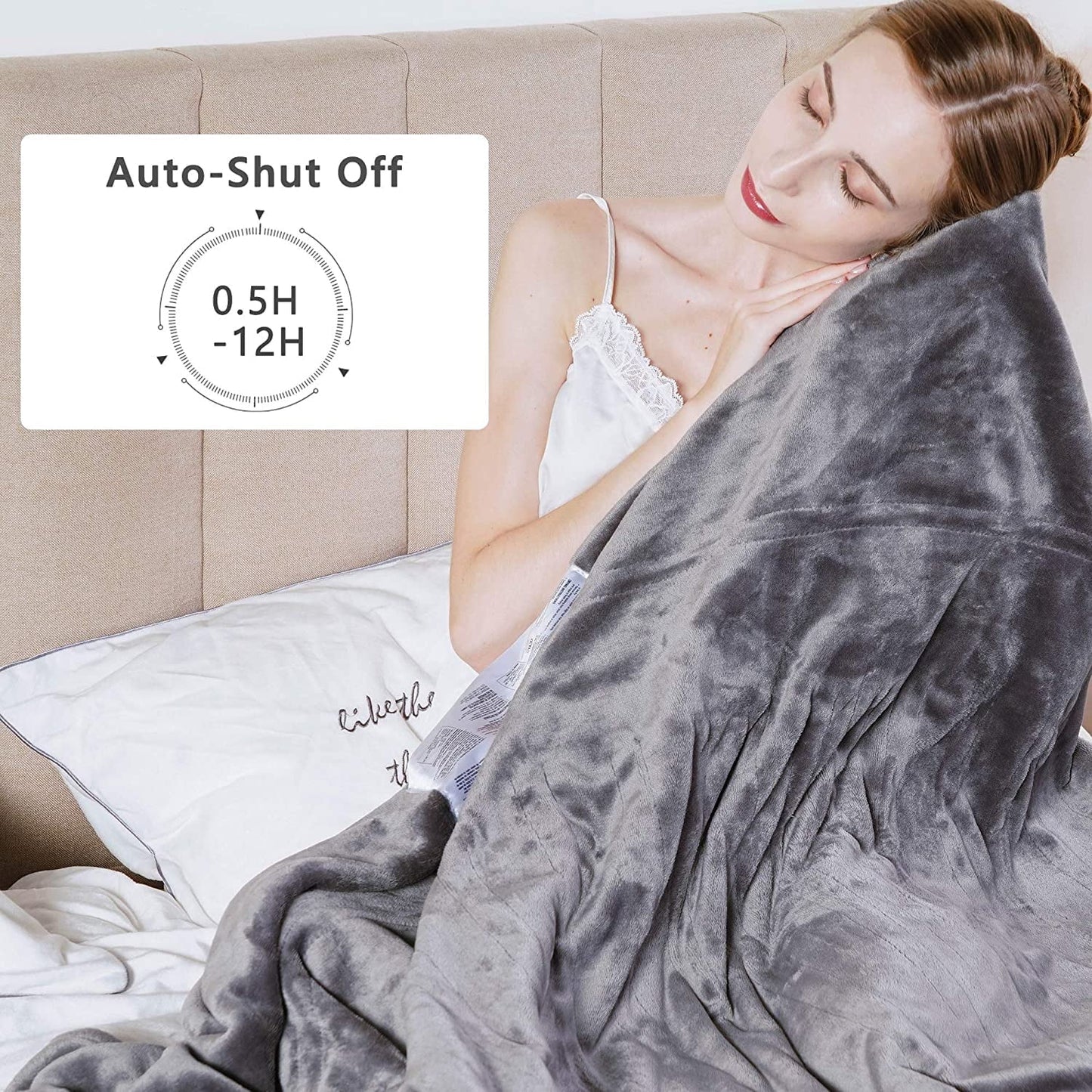Royalcraft Electric Blanket Queen Size 84"x90" Flannel Heated Throw Blanket, Dual Controls Setting Electric Blanket, 10 Heating Levels, 12H Auto-off, Grey