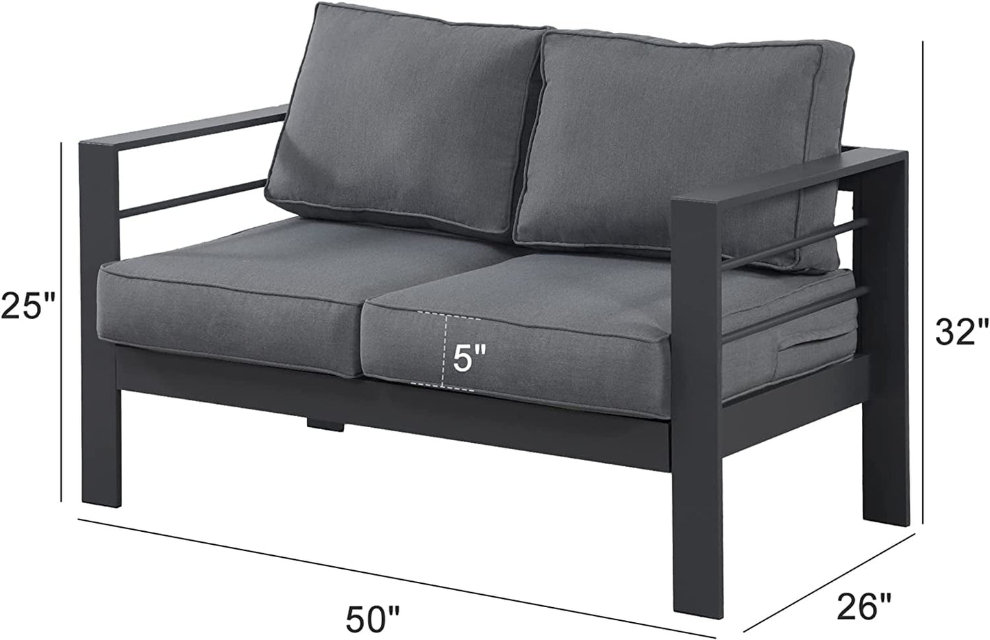 Superjoe Outdoor 2 Seats Patio Aluminum Sofa Furniture, All-Weather Couch Loveseat Gray Metal Chair with Cushions, Dark Grey