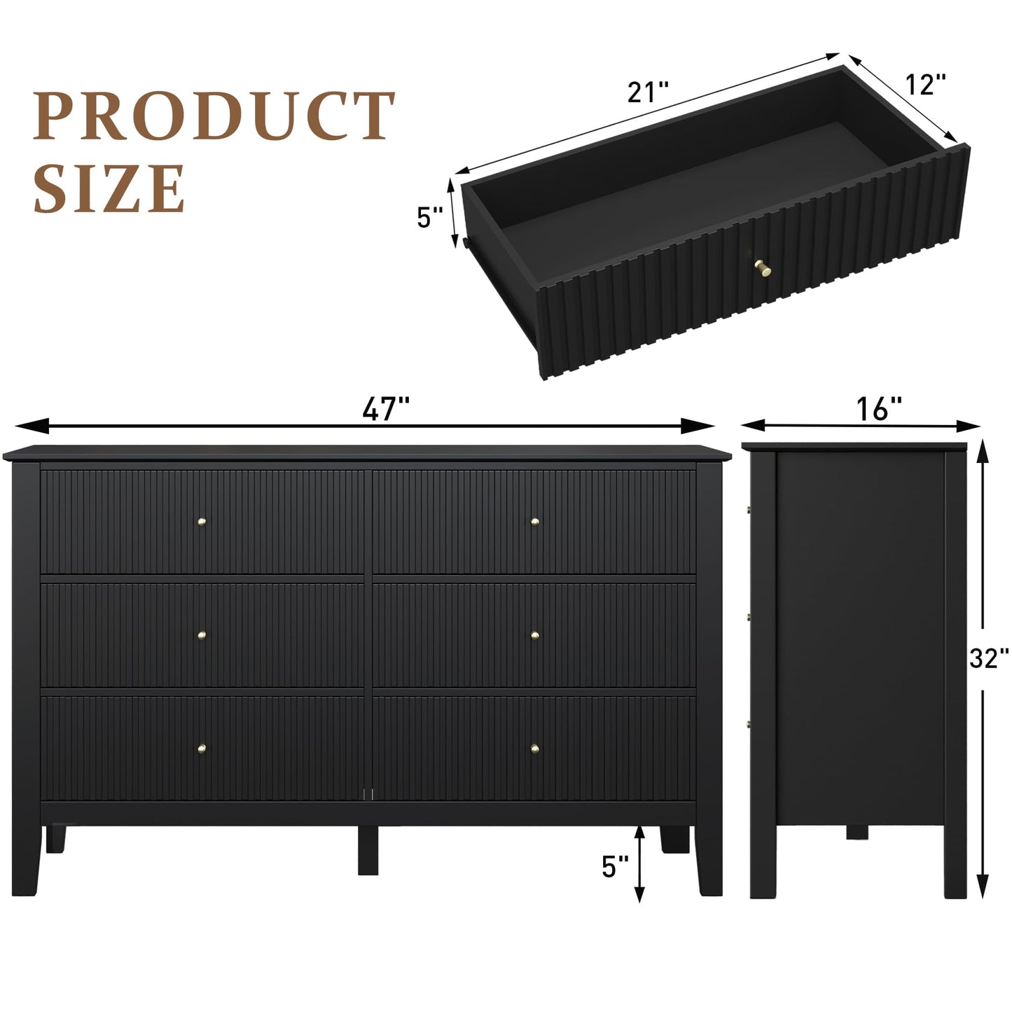 Black 6-Drawer Modern Wood Dresser, Fluted Chest with Ball Bearing Slide, Bedroom or Living Room Storage