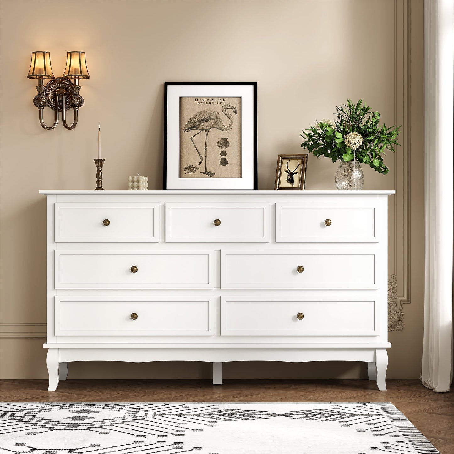 Heynemo Sideboard Buffet Cabinet with 7 Drawers, Set of 2, Modern Wide Credenza Cabinet with Rubberwood Legs & Painted Finish, Wooden Storage Closet Cabinet Organizer for Living Room, Hallway, White
