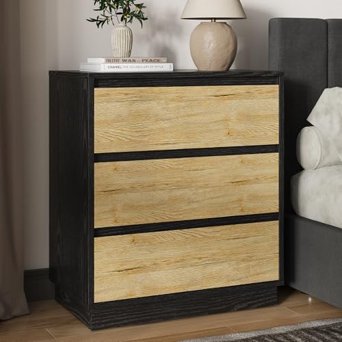 Heynemo Wide Nightstand with 3 Drawers, Black Nightstand for Bedroom, Large End Table Bedside Table for Home and Office, Black and Wood
