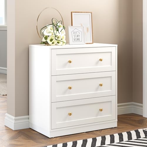 Heynemo White 3 Drawer Dresser, Modern Chest of Drawers with Gold Dresser Knobs, Wood Dresser for Bedroom, White