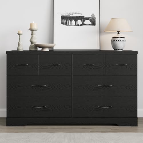 Heynemo Large 8 Drawer Dresser for Bedroom, 55" Wide Modern Chest of Drawers, Dresser TV Stand with Metal Handle, Black