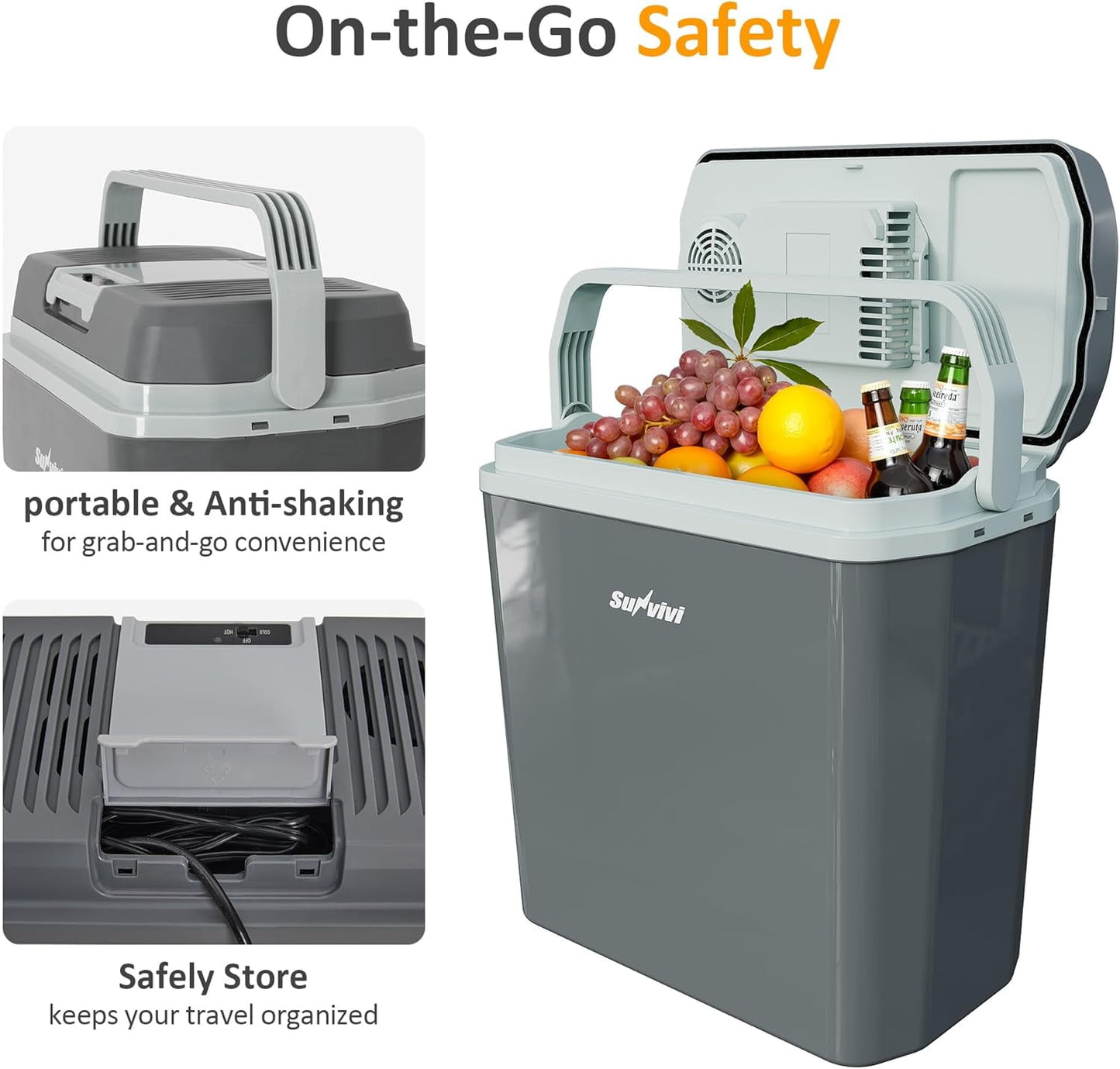 Heynemo 21QT Car Electric Cooler and Warmer with Handle, Portable 12V Plug-in Car Refrigerator, Small Electric Cooler for Vehicle, Truck, Travel, Office, Gray