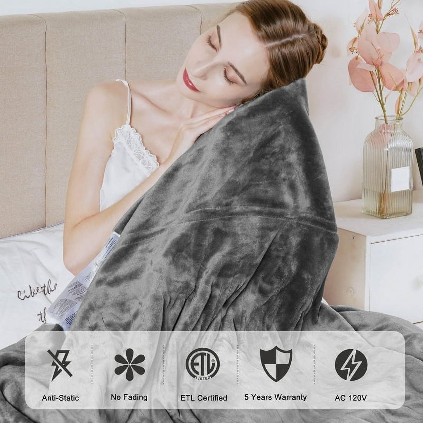 Mayincolor 50" x 60" Electric Blankets Heated Throw Soft Flannel Heating Blanket with 4 Hours Auto Off, ETL Certified, Grey