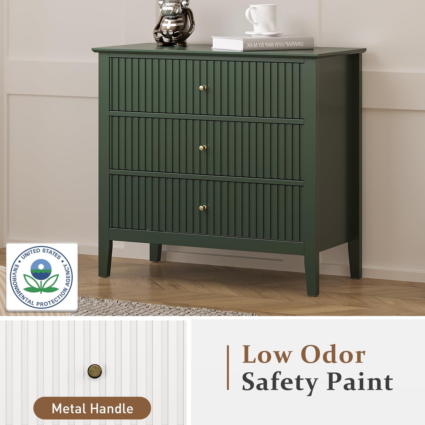 May in Color Large Fluted 3 Drawer Dresser, Wide Modern Nightstand Cabinet for Bedroom, Living Room, Entryway, Green