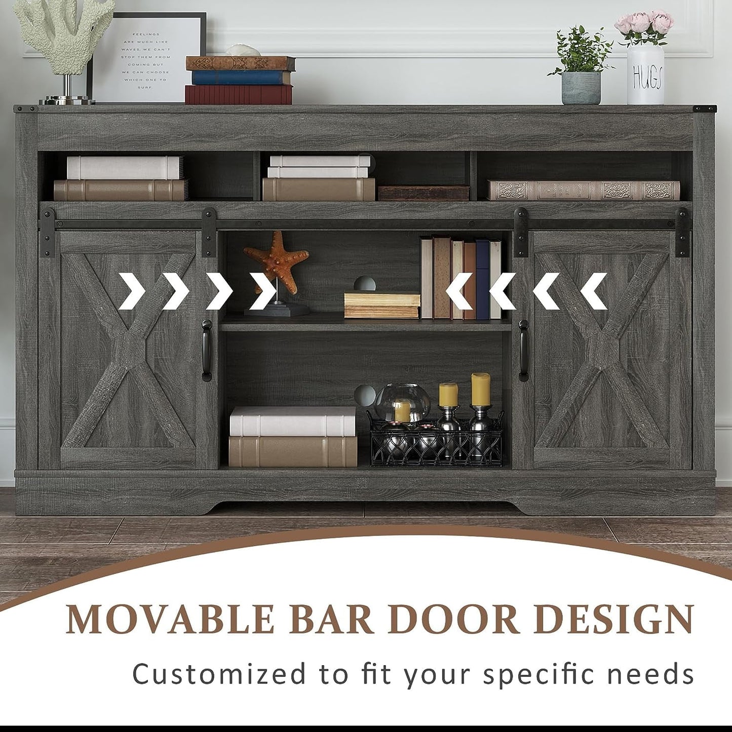 Mayincolor Farmhouse TV Stand for 65+ Inch TVs, Rustic Wood Media Console with Sliding Barn Doors, Dark Grey