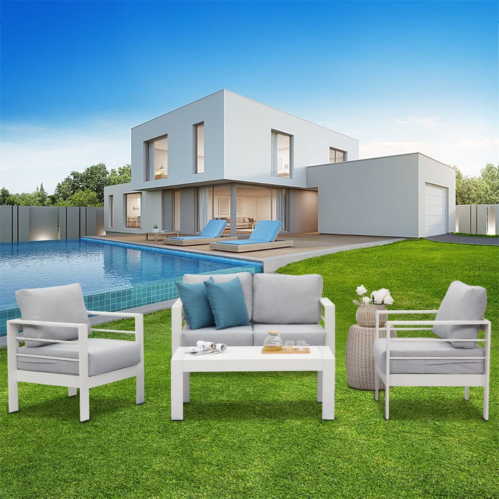 Heynemo Superjoe Outdoor Aluminum Furniture Set 4 Pcs Patio Sectional Chat Sofa Conversation Set with Table,White