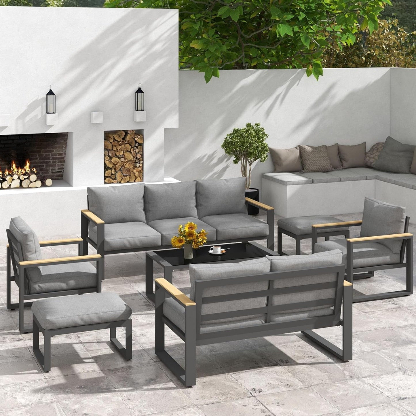 Mayincolor Aluminum Outdoor Coffee Table, All-Weather Metal Rectangular Patio Side Table with Tempered Glass Top, Patio Tables for Porch Backyard Garden, Grey