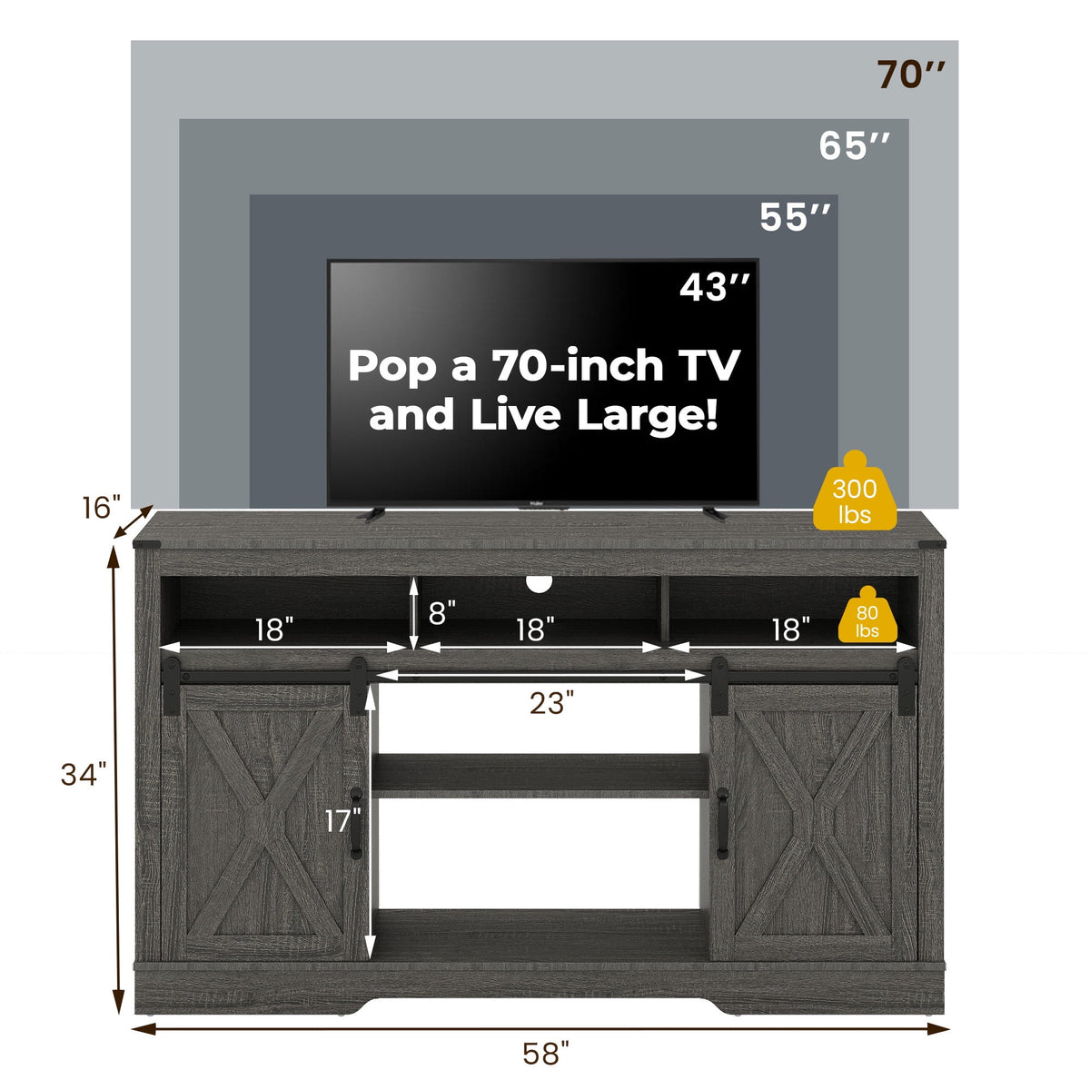 Royalcraft Adjustable Shelves Television Stand, Dark Grey, 58" x 34" x 16", 109 lbs