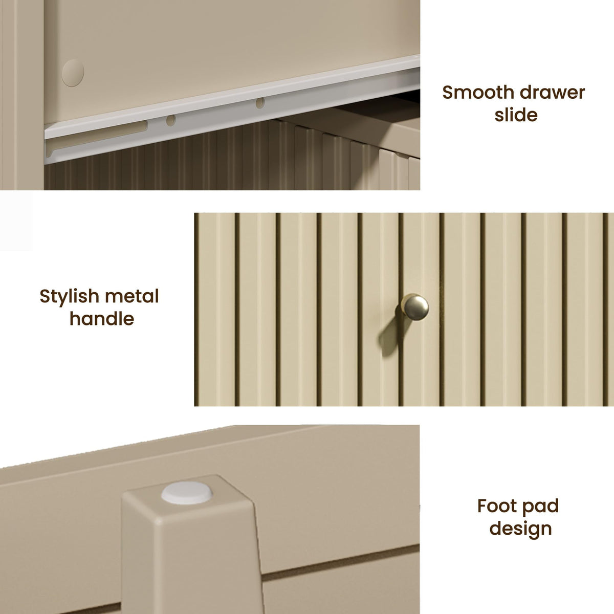 May in Color Beige 6 Drawer Dresser, Fluted Modern Chest of Drawers for Bedroom