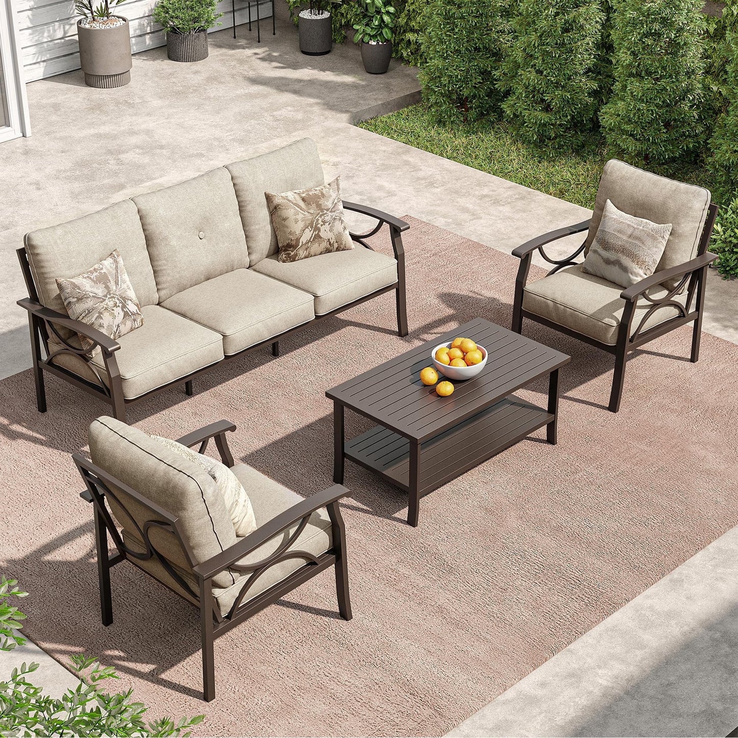 Heynemo 5-Seater Outdoor Patio Furniture Set, 4 Piece Patio Conversation Set with Coffee Table, Metal Furniture Set for Porch Backyard Garden, Coffee