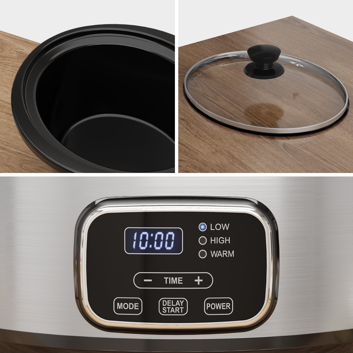 Heynemo 4QT Programmable Slow Cooker with Locking Lid, Removable Ceramic Pot, 3 Heating Settings & Timer, Dishwasher-Safe, Stainless Steel
