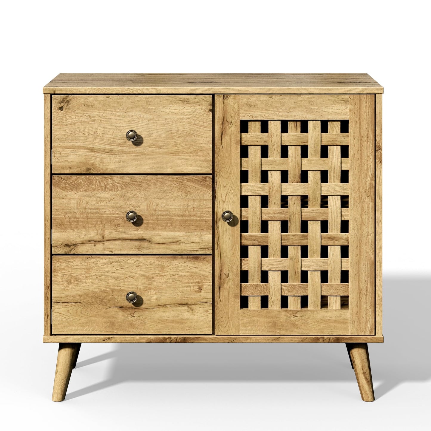 RoyalCraft Accent Cabinet with Doors, Entryway Cabinet with Oak Legs, Wooden Decorative Sideboard with Adjustable Shelf & Doors for Living Room (Natural With Door & 3 Drawers, 2)